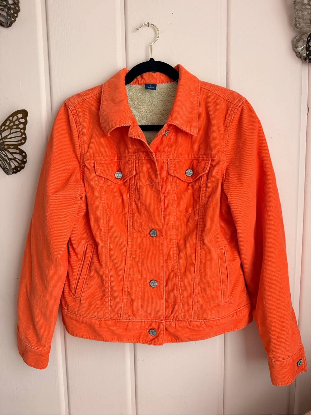 GAP Bright Orange Corduroy Sherpa-Lined Trucker Jacket szM